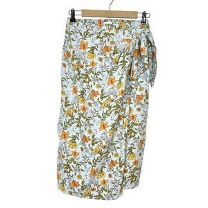 Cynthia Rowley Midi Skirt Linen Wrap Small Light Blue Floral Summer Leaves Long